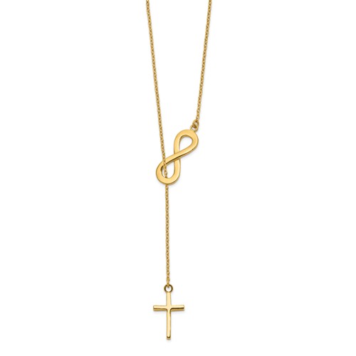14k Yellow Gold Infinity Symbol and Cross Lariat Necklace