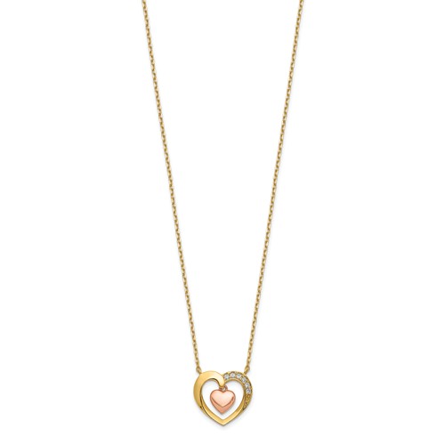 14k Two-tone Gold Nesting Heart with Cubic Zirconia Necklace 
