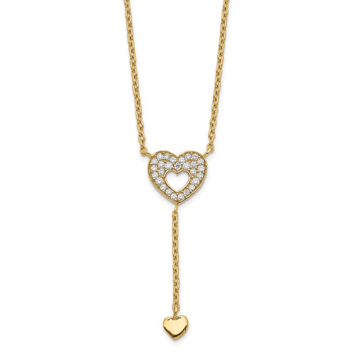 14k Yellow Gold CZ Heart Drop Necklace with Dangling Heart Charm 