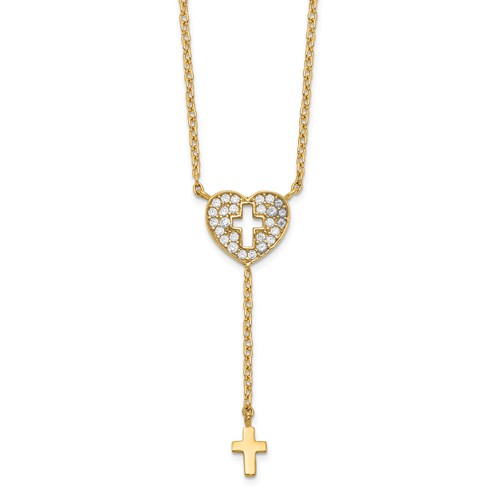 14k Yellow Gold CZ Heart Drop Necklace with Dangling Cross 