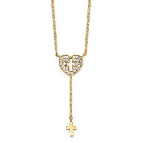 14k Yellow Gold CZ Heart Drop Necklace with Dangling Cross 