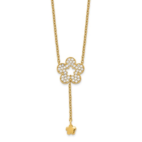 14k Yellow Gold Cubic Zirconia Clover Necklace with Flower Accent