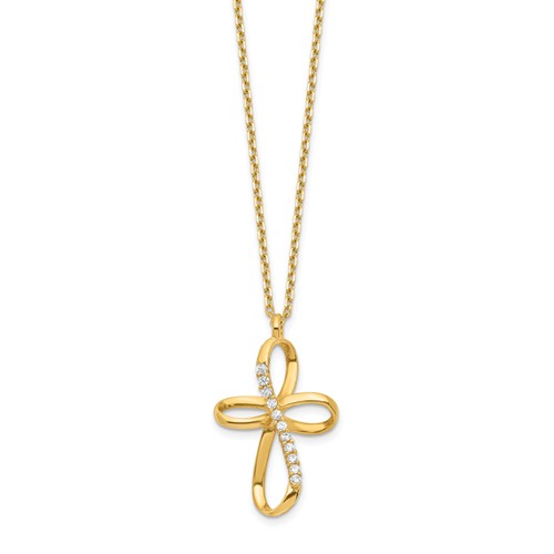 14k Yellow Gold CZ Rounded Open Cross Necklace