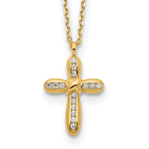 14k Yellow Gold Cubic Zirconia Cross Necklace with Rounded Tips