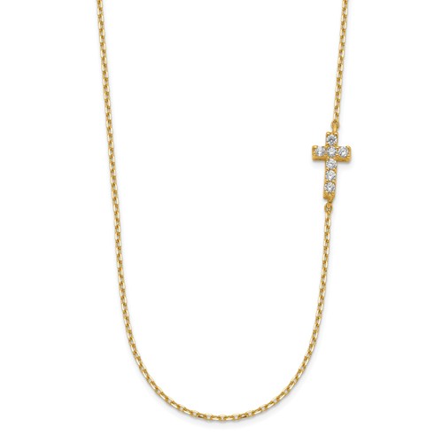 14k Yellow Gold Small Cubic Zirconia Sideways Cross Necklace