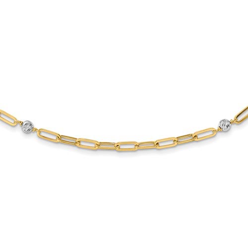 14k Two-tone Gold Diamond-cut Beads and Long Open Link Necklace