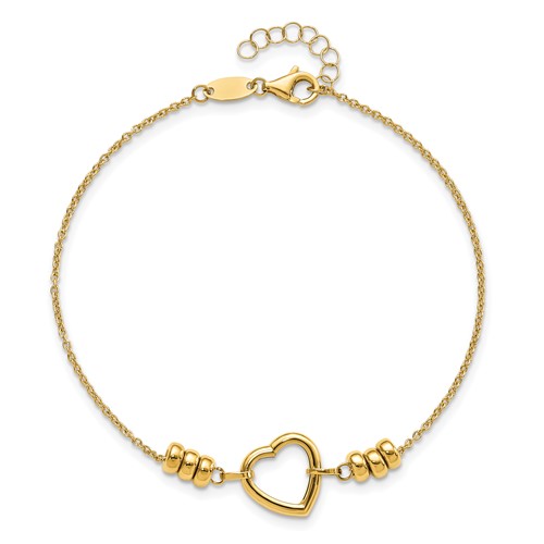 14k Yellow Gold Polished Open Heart Bracelet with Bead Accents