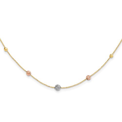 14k Tri-Color Gold Graduated Diamond-cut Beads Beaded Chain Necklace