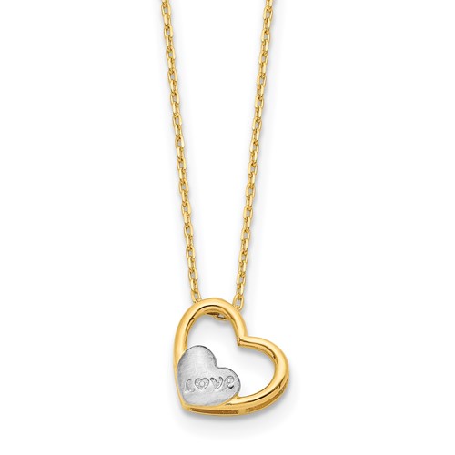 14k Yellow Gold Brushed Love Heart Necklace with Rhodium 17in
