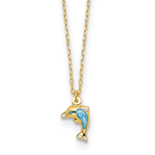 14k Yellow Gold Blue and White Enamel Dolphin Necklace 16.5in