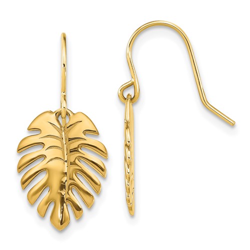 14k Yellow Gold Palm Leaf Dangle Earrings 7/8in