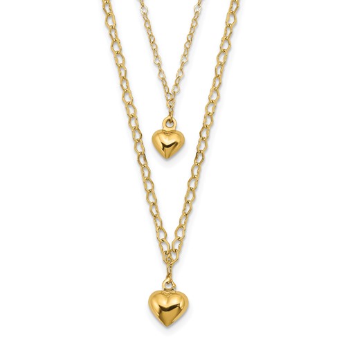 14k Yellow Gold Double Layer Hearts Necklace with Heart Links