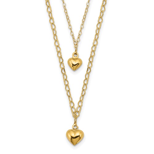 14k Yellow Gold Double Layer Hearts Necklace with Heart Links