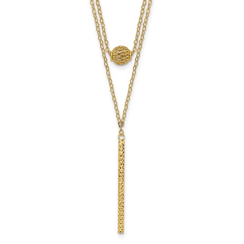 14k Yellow Gold Layered Hollow Bead Diamond-cut Vertical Bar Necklace