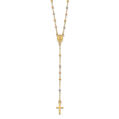 14k Tri-color Gold Rosary Necklace with Tiny Cross 17in
