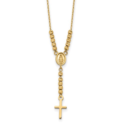 14k Yellow Gold Miraculous Medal and Cross with Beads Necklace