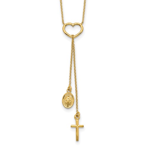 14k Yelow Gold Heart with Dangle Cross and Miraculous Medal Necklace