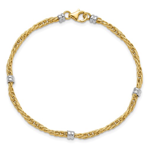 14k Two-tone Gold Woven Link Bead Station Bracelet 7.5in