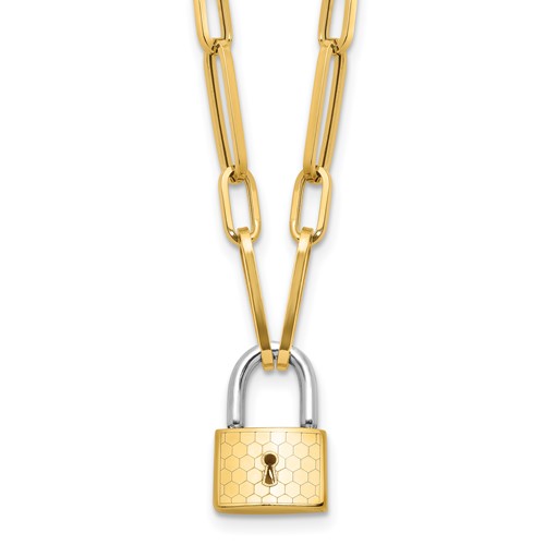 14K Two-tone Gold Lock Necklace With Long Cable Links
