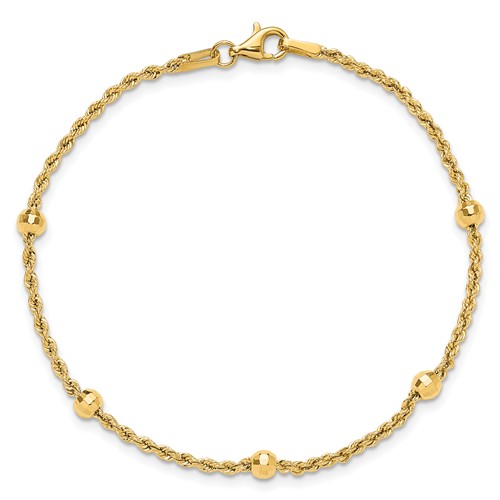 14k Yellow Gold Rope Chain Diamond-cut Bead Bracelet 7.5in