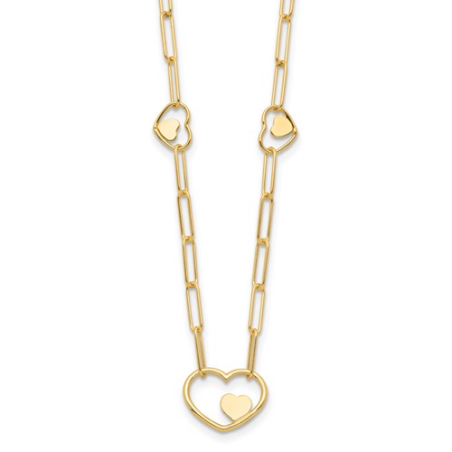 14k Yellow Gold Paper Clip Link Nestled Hearts Necklace 16in