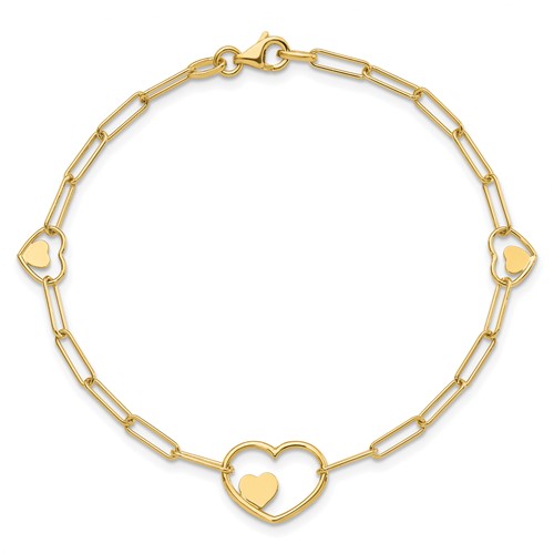14k Yellow Gold Heart Charm Paperclip Link Bracelet 7.25in