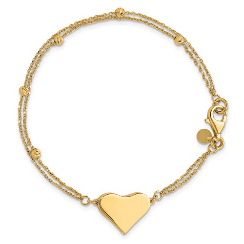 14k Yellow Gold Two Strand Cable Heart Bracelet wth Diamond-cut Bead Accents
