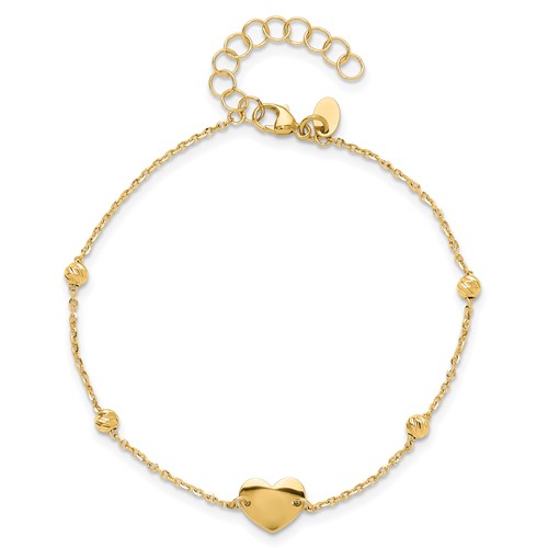 14k Yellow Gold Italian Smooth Heart Charm Bracelet with Diamond-cut Beads