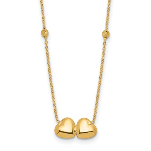 14k Yellow Gold Joined Hearts Necklace With Bead Accents
