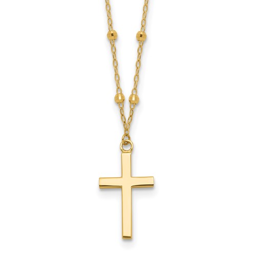 14k Yellow Gold Classic Cross Necklace With Diamond-cut Beads