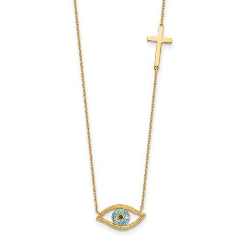 14k Yellow Gold Cubic Zirconia Evil Eye and Sideways Cross Necklace