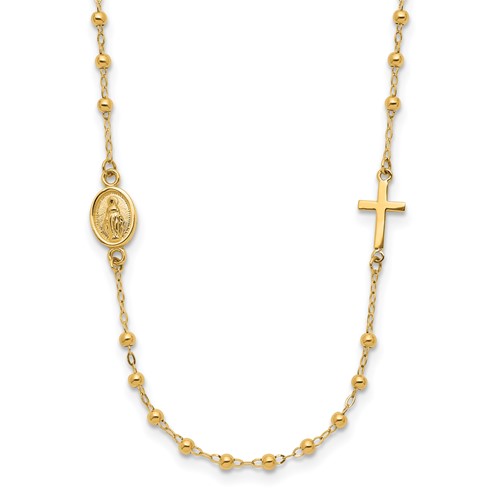 14k Yellow Gold Miraculous Medal and Sideways Cross Rosary Design Necklace