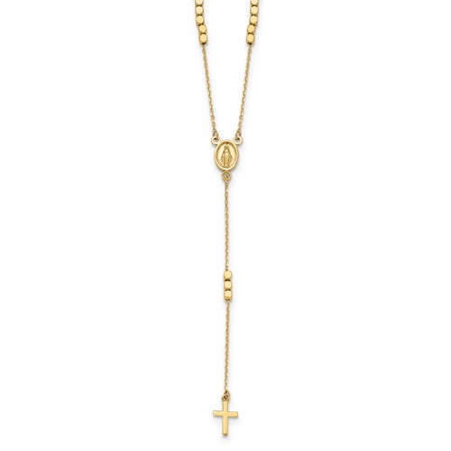 14k Yellow Gold Rosary Miraculous Medal Necklace With Tiny Cross 17.75in