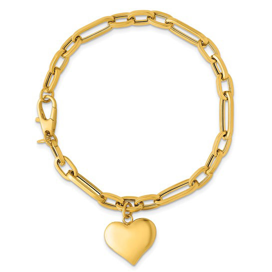 14k Yellow Gold Paperclip Figaro Link Puffed Heart Bracelet 7.5in