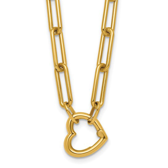 14k Yellow Gold Push-Lock Heart Paper Clip Necklace