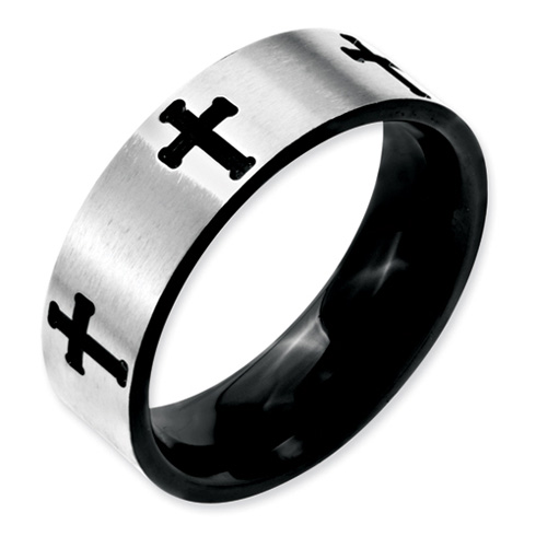 Stainless Steel 7mm Black-plated Crosses Brushed & Polished Band