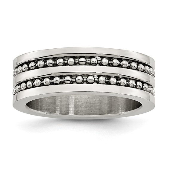 Stainless Steel 8mm Double Row Beaded Brushed & Polished Band
