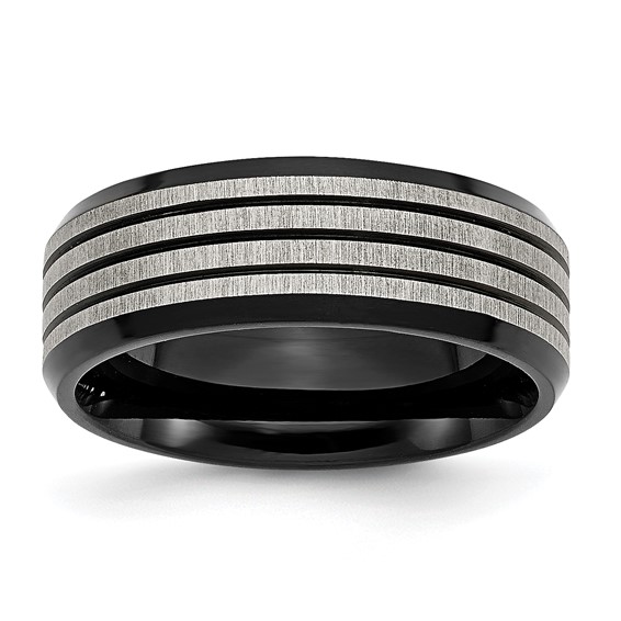 Stainless Steel 8mm Black-plated & Striped Brushed & Polished Band