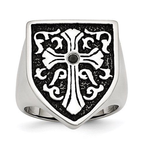 Stainless Steel Cross With Black Diamond Shield Ring