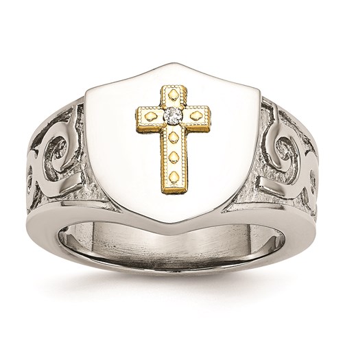 Stainless Steel 10K Yellow Gold-plated Cross Ring with Diamond Accent SR293