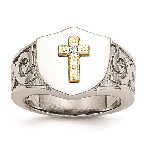 Stainless Steel 10K Yellow Gold-plated Cross Ring with Diamond Accent