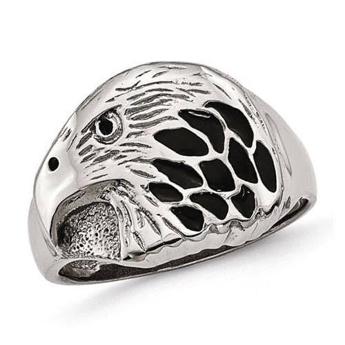 Stainless Steel Eagle Ring with Black Enamel