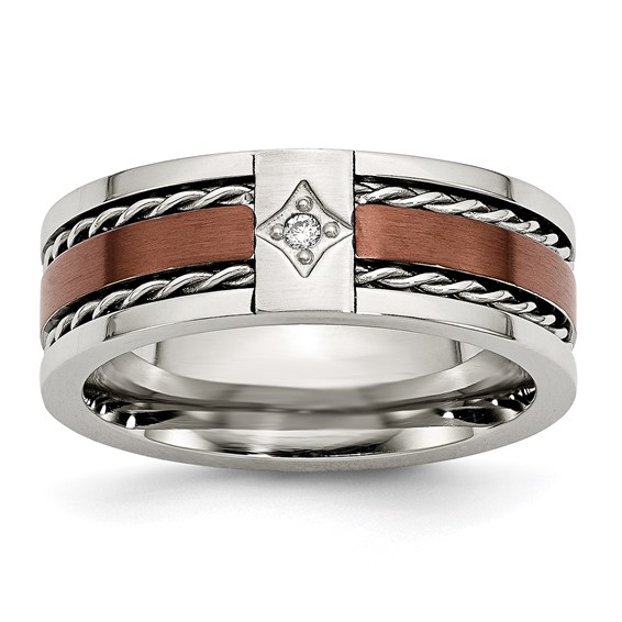 Stainless Steel Chocolate Plated Ring with Diamond and Rope Design