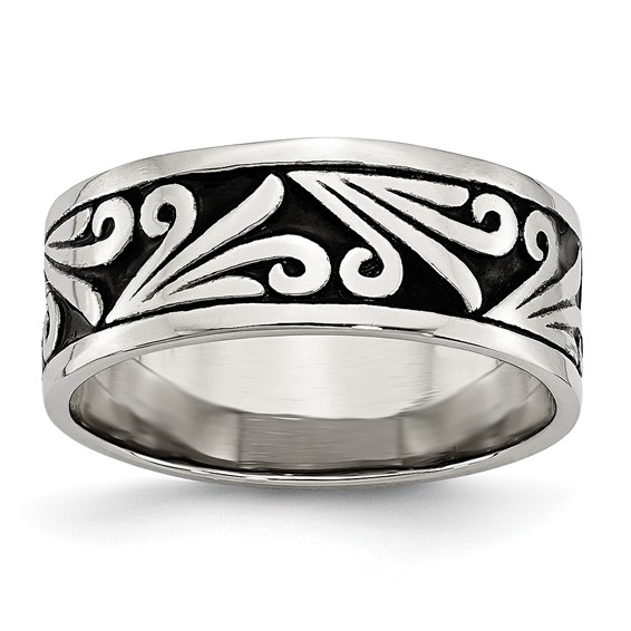 Stainless Steel Fancy Design Antiqued Ridged Edge Band