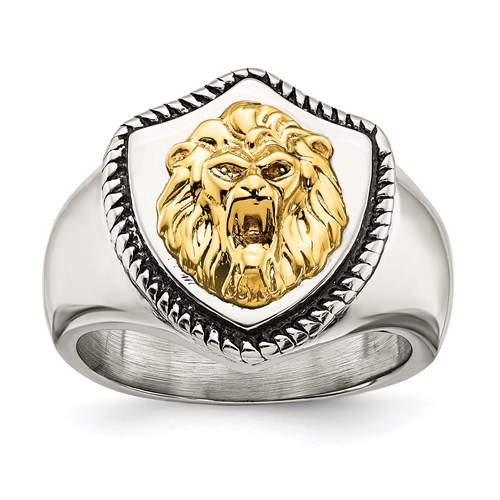 Stainless Steel Lion Head Ring with 14k Gold Accent Shield Design