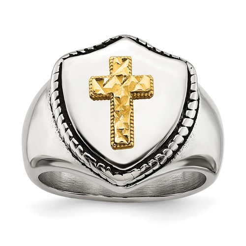 Stainless Steel Cross Shield Ring with 14k Yellow Gold Accent