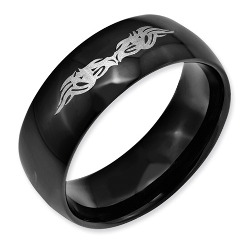Stainless Steel Black Wedding Band with Gray Tribal Design