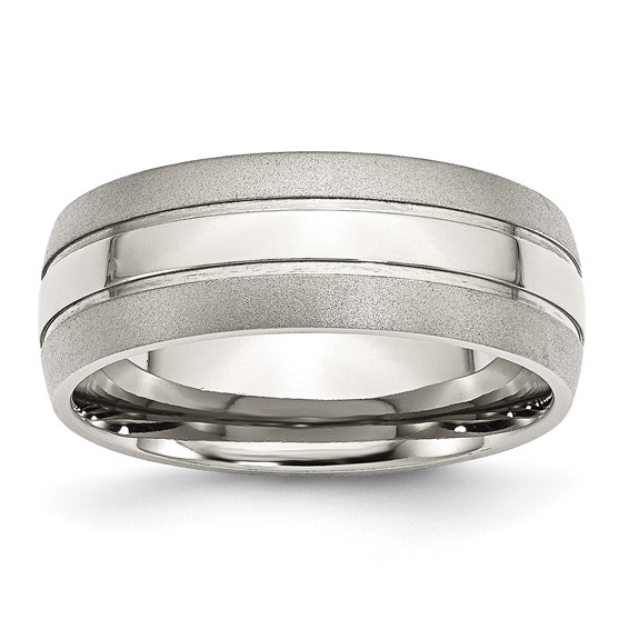 Stainless Steel Grooved Brushed Ring with Polished Center 8mm