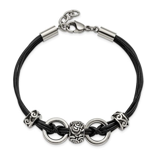 Black Leather Bracelet with Stainless Steel Antiqued Beads and Rings 8 1/4in