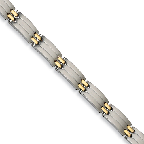 24k Gold Plated Stainless Steel Bracelet Brushed Grooved Links 8.75in